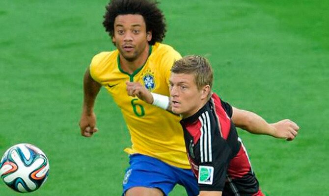 Marcelo y Kroos disputan un balón. Conoce las cuotas del Alemania vs Brasil.